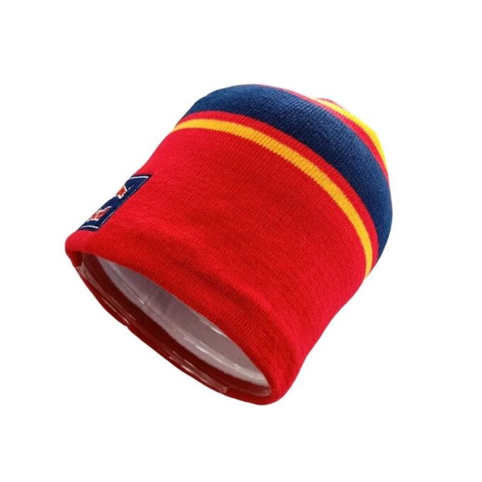 red bull beanie striped skully hat with red yellow blue stripes