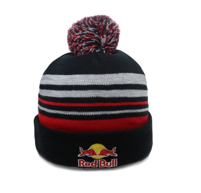 Red Bull Beanie Pompom hat Gray Black Red Striped hat