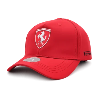Angled front view of Ferrari red premium baseball cap