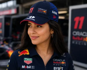 Mexican woman wearing the sergio perez red bull cap