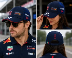 Man and woman wearing the red bull racing checo perez hats